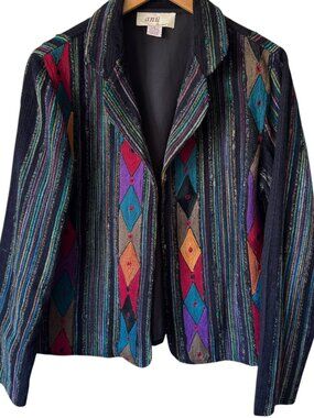 Vtg Anu By Natural Cotton Open Front Jacket Blazer Casual Geometric Aztec Artsy